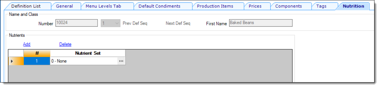 This figure shows the Menu Item Definition record’s Nutrient tab and its Nutrient section.