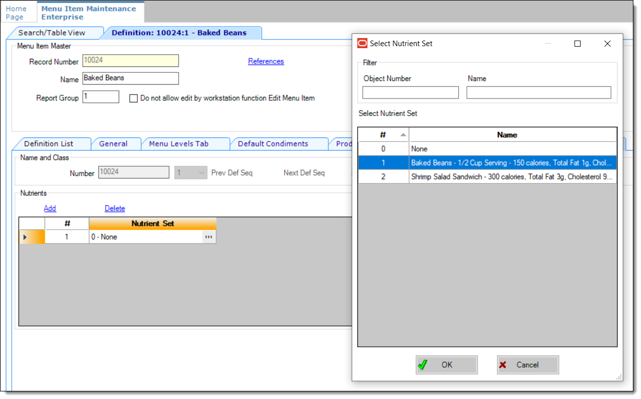 This figure shows the Nutrient Set drop-down list to add to the records Nutrient section.