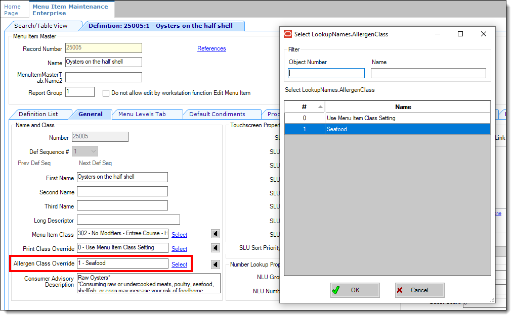 This figure shows the Allergen Class Override field in the Menu Item Definition module in form view.