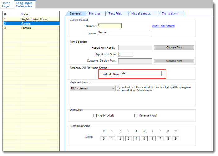 This image displays the General tab of the Languages Enterprise module in EMC, specifically the Text File Name field.