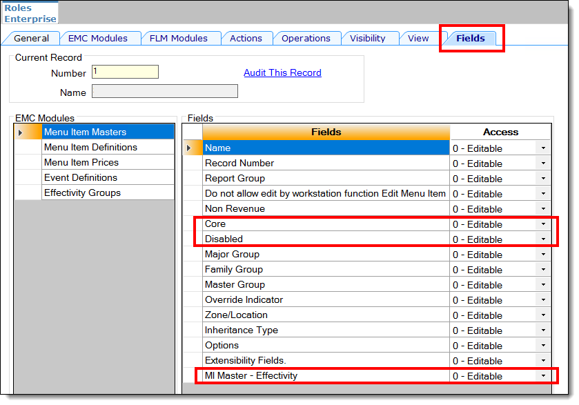 This figure shows the Roles module, specifically the required Fields tab settings.