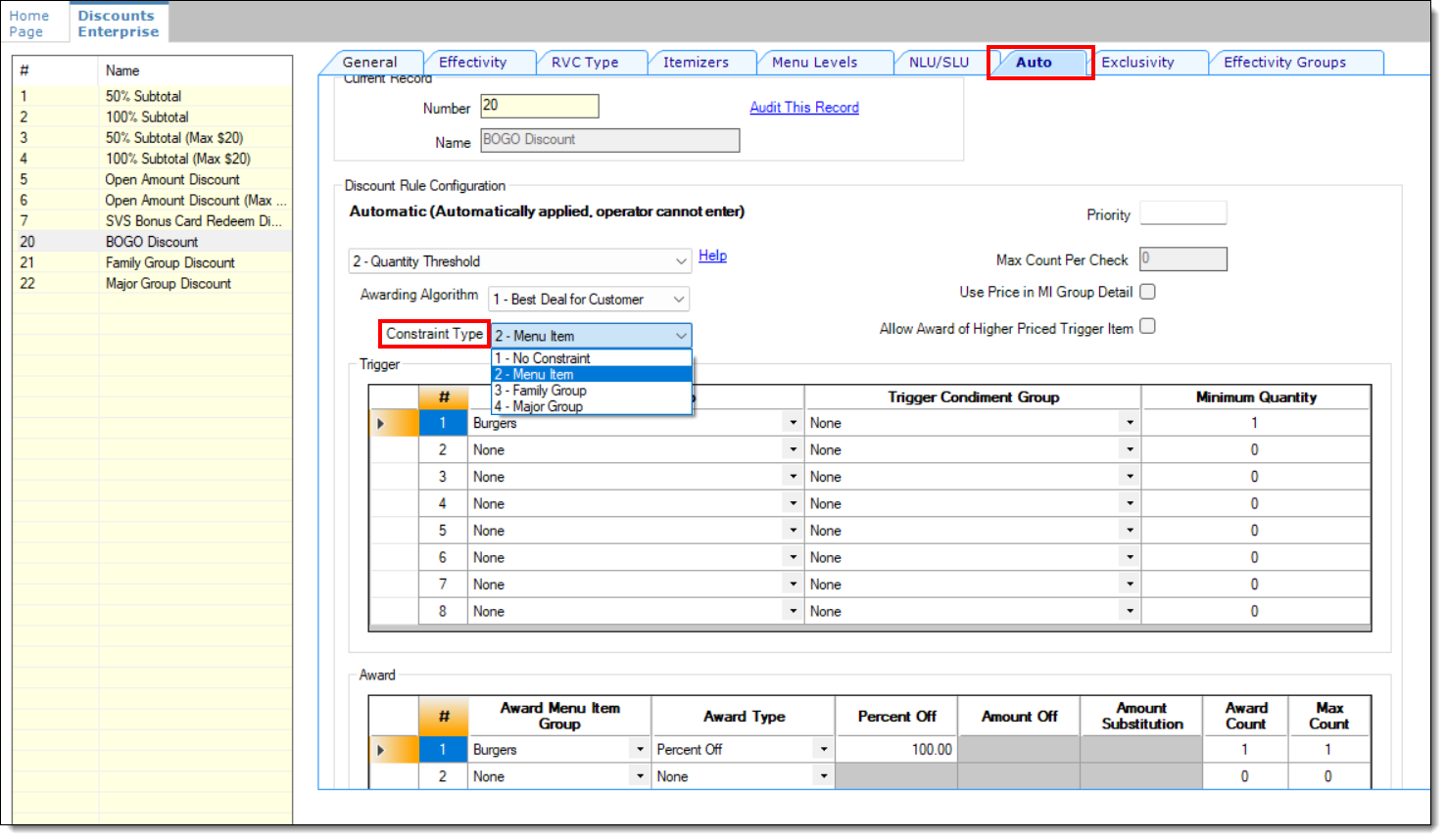 This figure shows the discounts module and lists the available constraint types. This image shows an example of a BOGO free burger discount using the 2 - Menu Item constraint option.