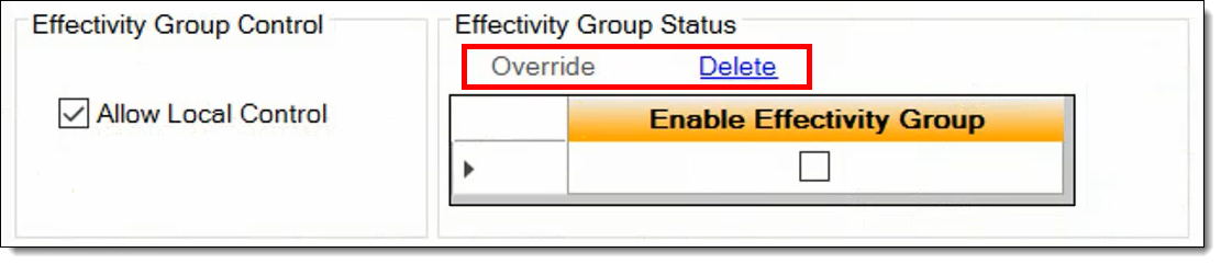 This figure shows the Effectivity Group Status override and delete links.