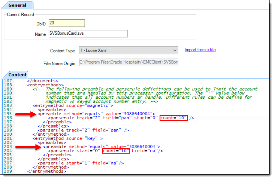 This figure shows the EMC Content module and the required SVSBonusCard.svs gift card preamble number configuration fields.