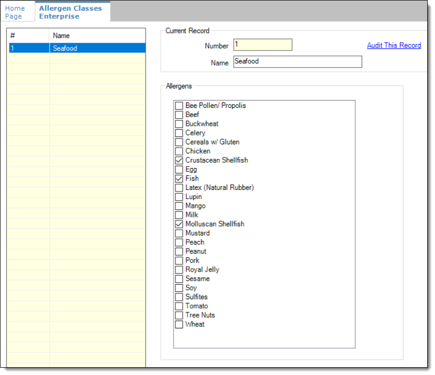 This figure shows the Allergen Classes module in form view.