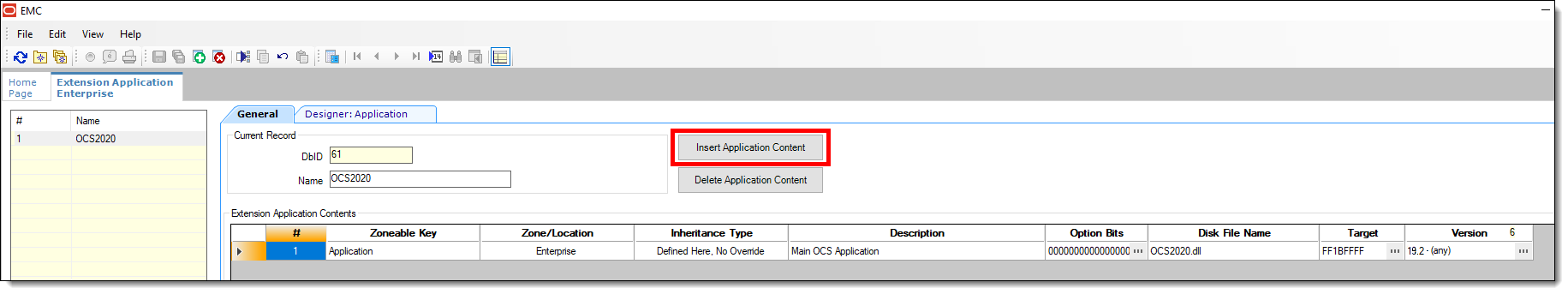 This figure shows the EMC’s Extension Application module with the Insert Application Content button outlined in red.