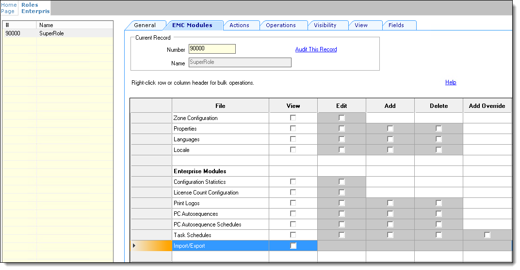 This figure shows the Roles setting that affects the ability of staff to see, and therefore access the Import/Export service from the SWP toolbar.