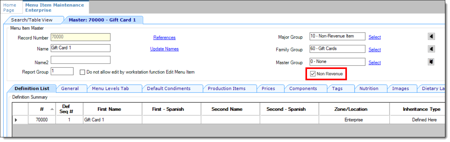 This figure shows the Menu Item Maintenance module’s Master records section.