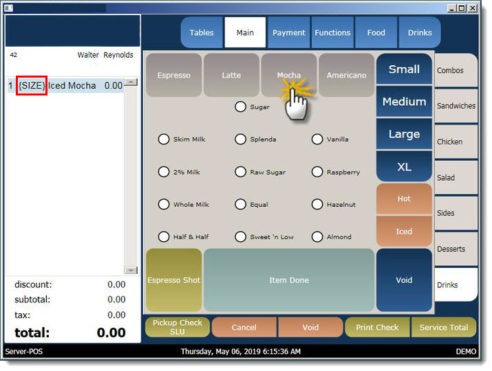 This figure shows the POS workstation where the SIZE placeholder menu item is displayed in the order entry area.