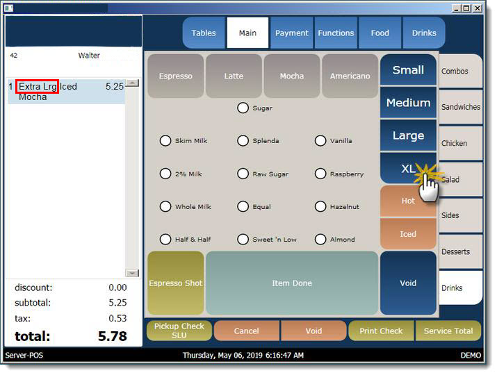 This figure shows the POS workstation where the SIZE placeholder menu item is replaced by the XL sized item as displayed in the order entry area.