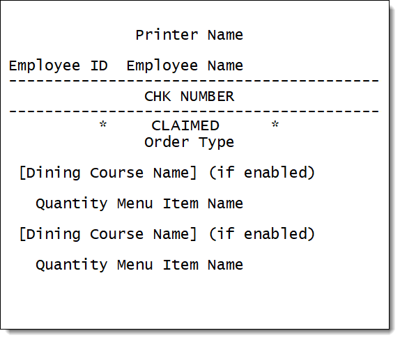 This figure shows an example of a printed ‘CLAIMED’ pre-production order chit.