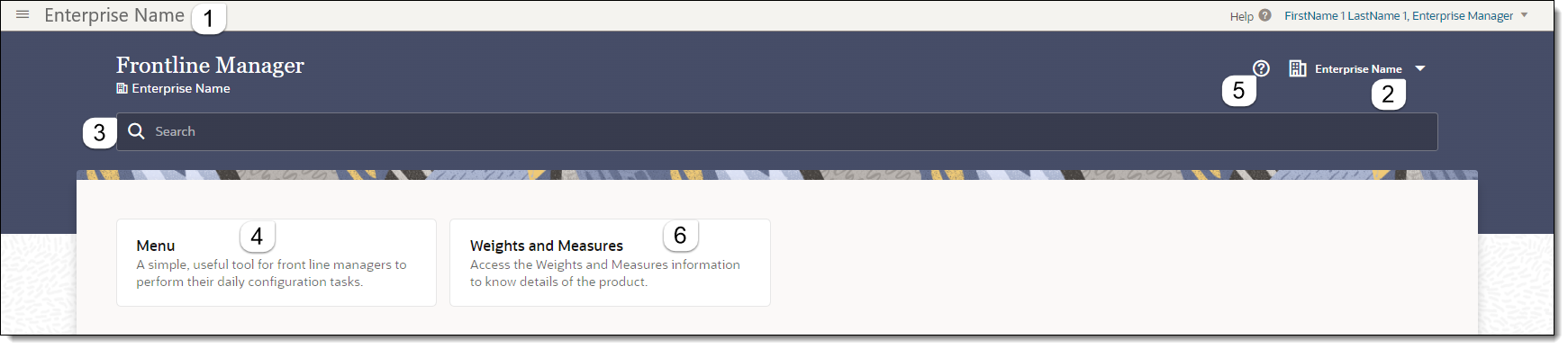 This figure shows the Frontline Manager home page and the location of navigational fields and links.