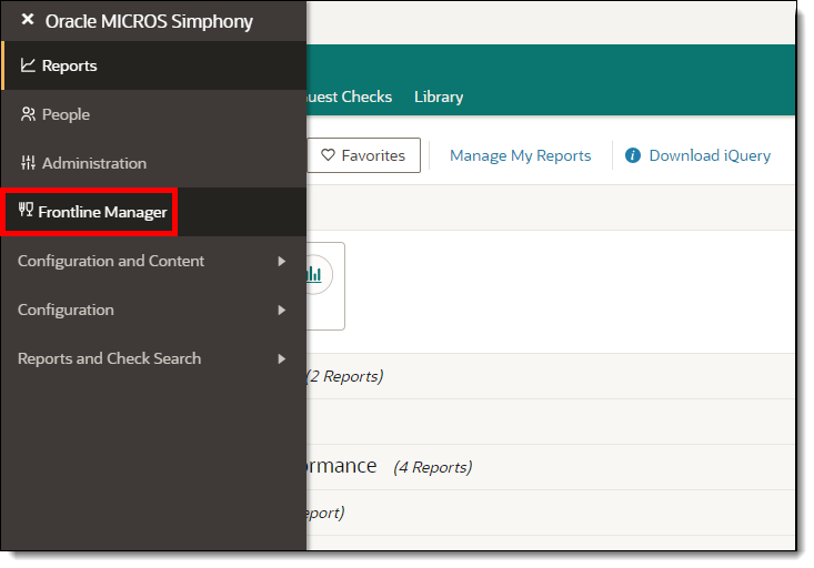 This figure shows the Side Menu access to Frontline Manager.