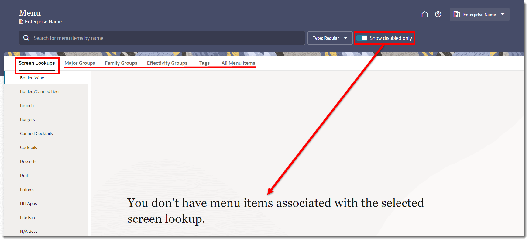 This figure shows the FLM field which, when enabled, allows you to view disabled menu items of both types. Menu item filtering tabs are identified.