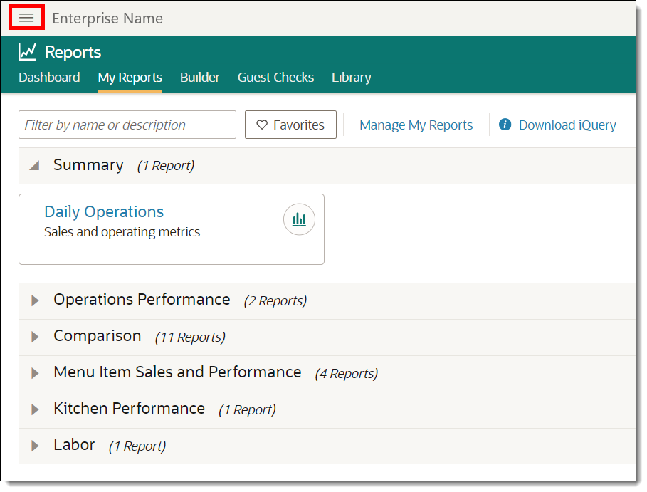 This figure shows the Simphony Reports page including the icon used to access FLM.