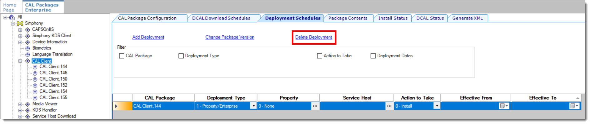 This figure shows the CAL Packages module and the Deployment Schedules tab.