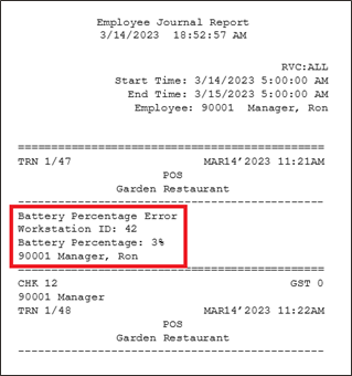 This figure shows the Battery Percentage Error that is written to the Employee Journal Report when the operator selects OK.