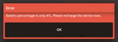 This figure shows the critical battery warning message when the battery percentage is equal to or less than 5%. The operator can click OK.