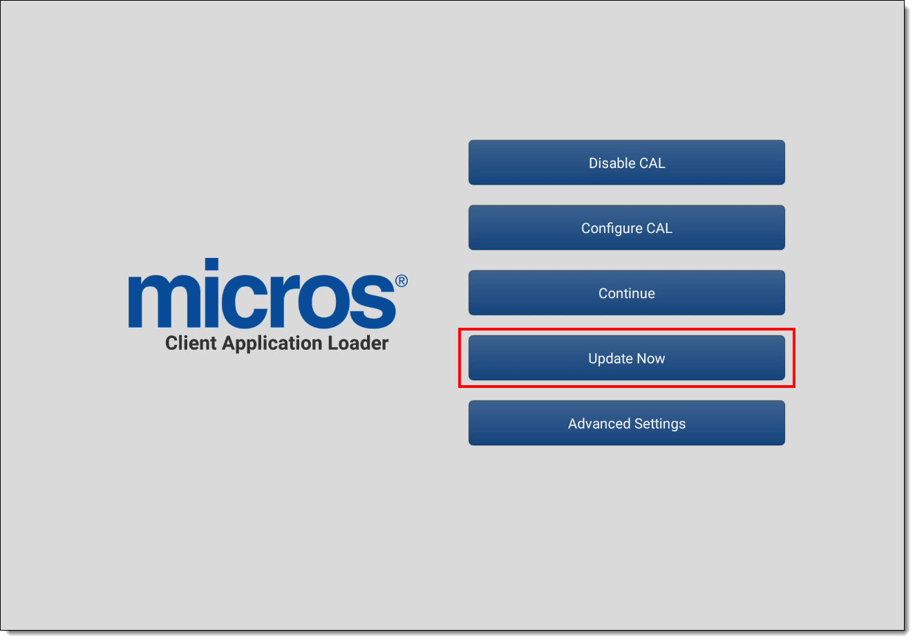 This figure shows the CAL configuration options screen, specifically the Update Now button.