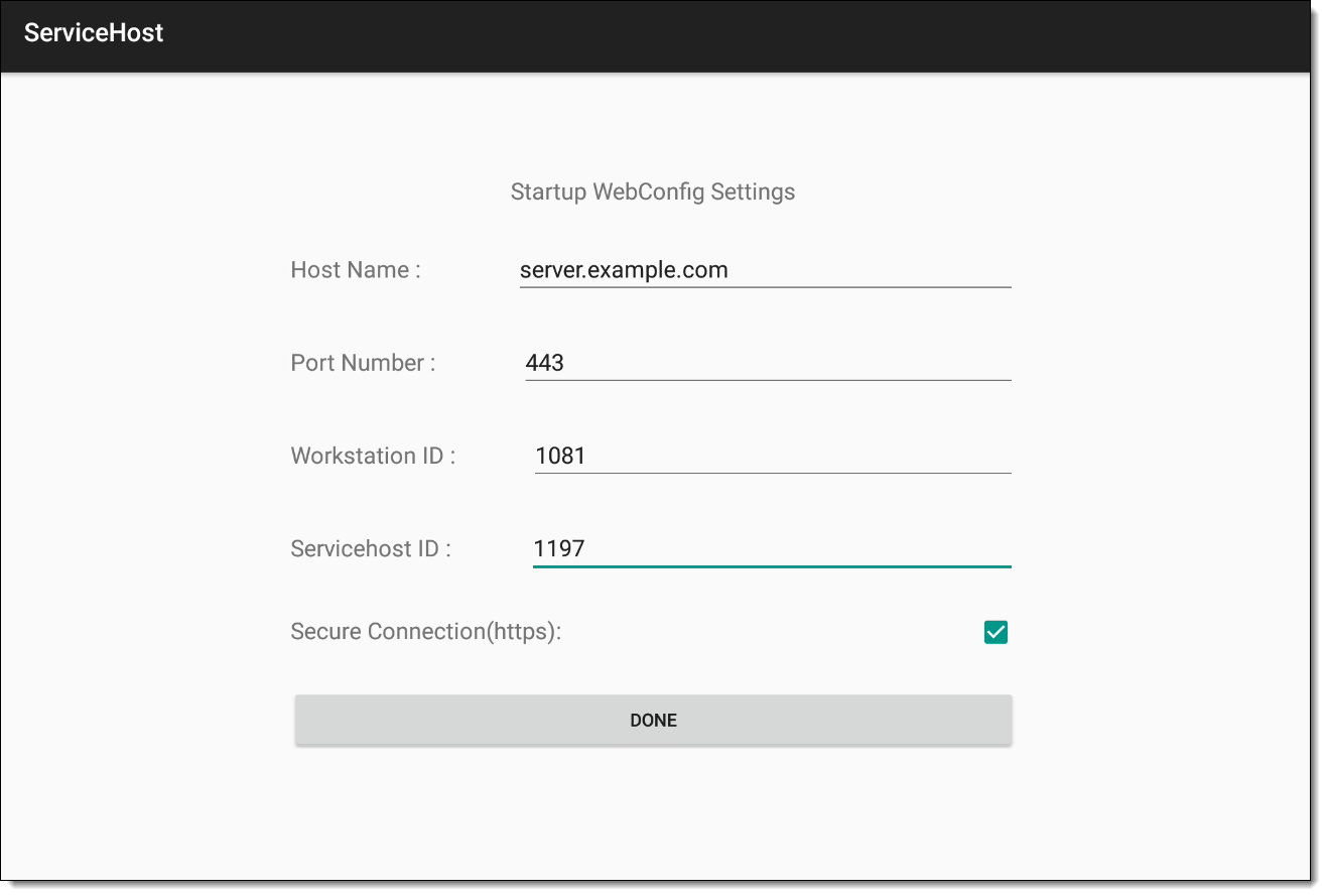This figure shows the CAL Android ServiceHost manual setup page.