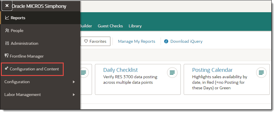 This figure shows the Side Menu access to Configuration and Content.