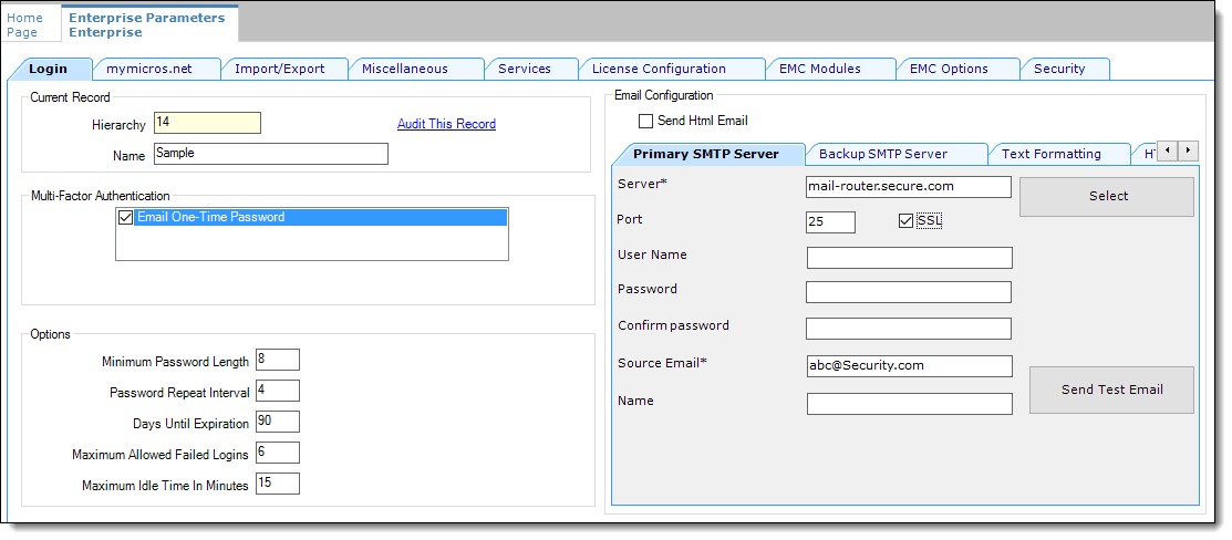 This figure shows the EMC Enterprise Parameters Login tab and the SMTP Email server configuration sections.
