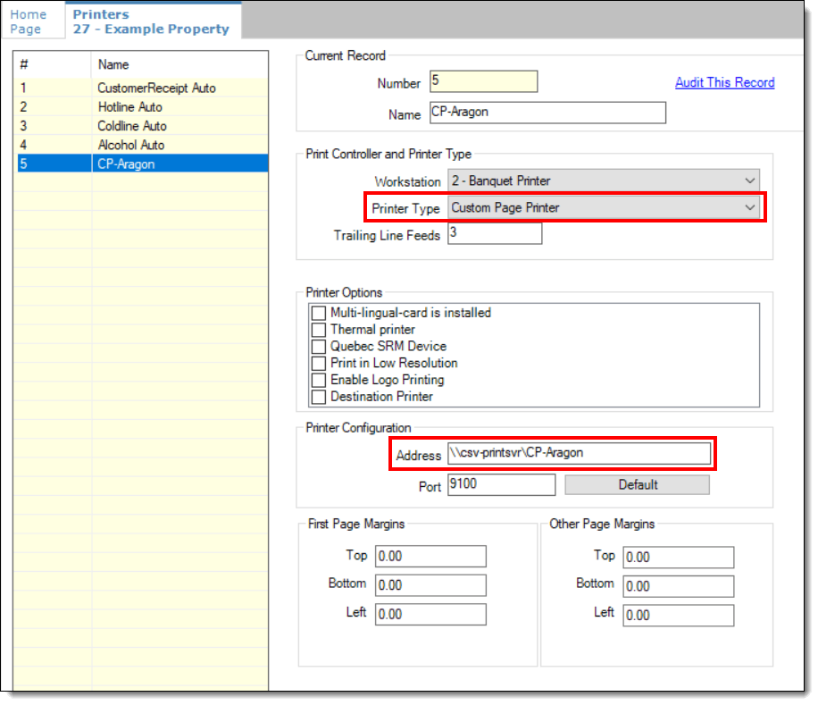 This figure shows the network printer setup in the Simphony EMC Printers module.