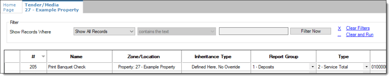 This figure shows a Tender/Media Service Total type record used for printing banquets checks prior to finalizing the transaction.