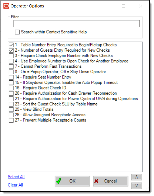This figure shows the Employee Classes Operations Options required for users to assign Banquet Checks to room names from the POS workstation.