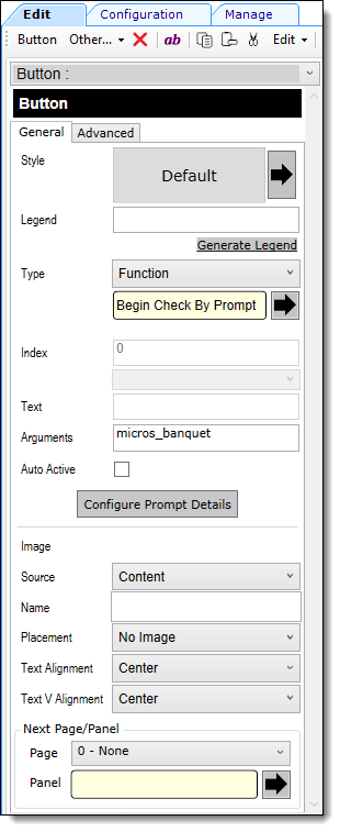 This figure shows how to configure the Begin Check By Prompt button from Page Design in the button properties panel.