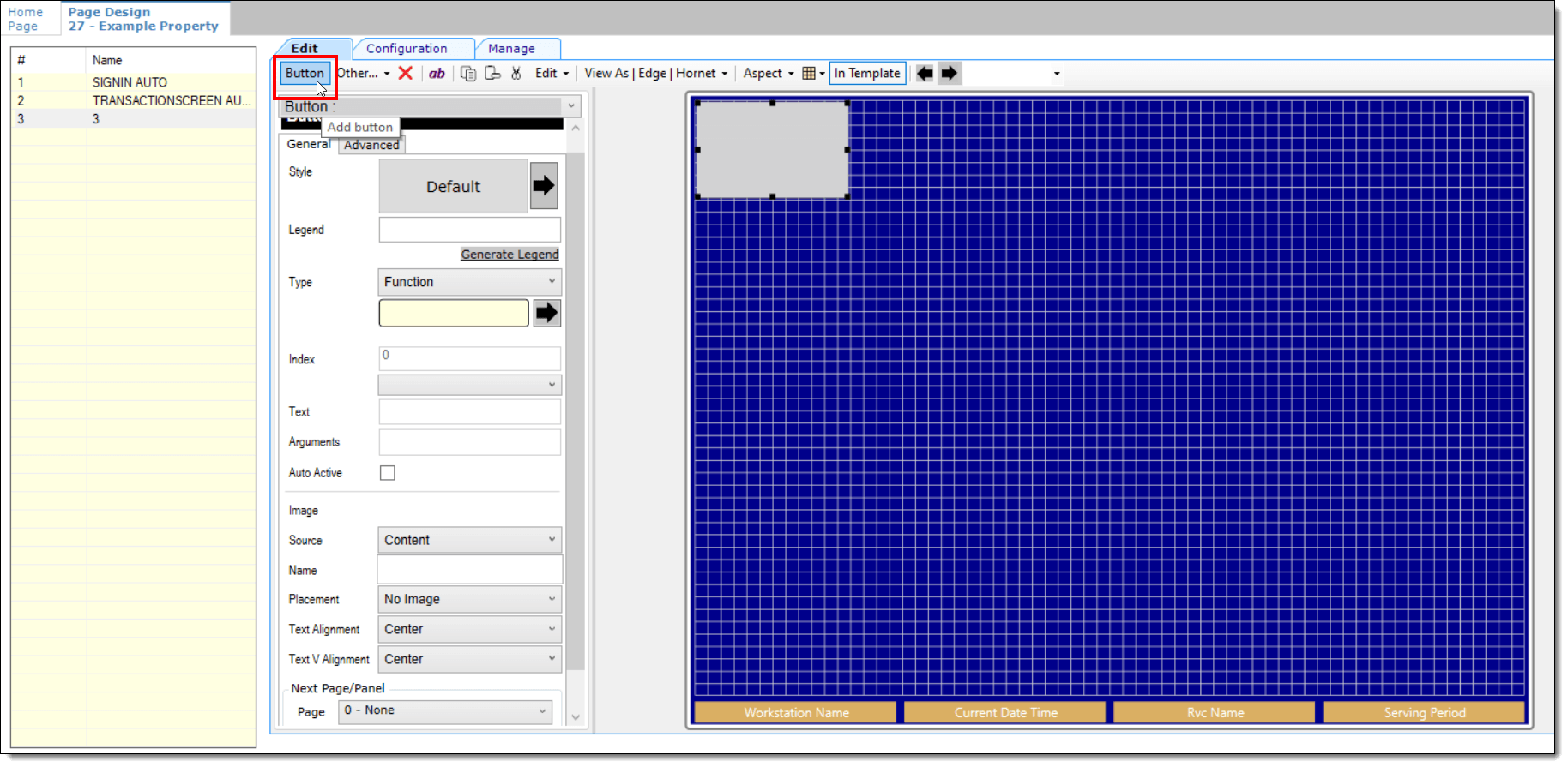 This figure shows how to add a button in the Page Design module.