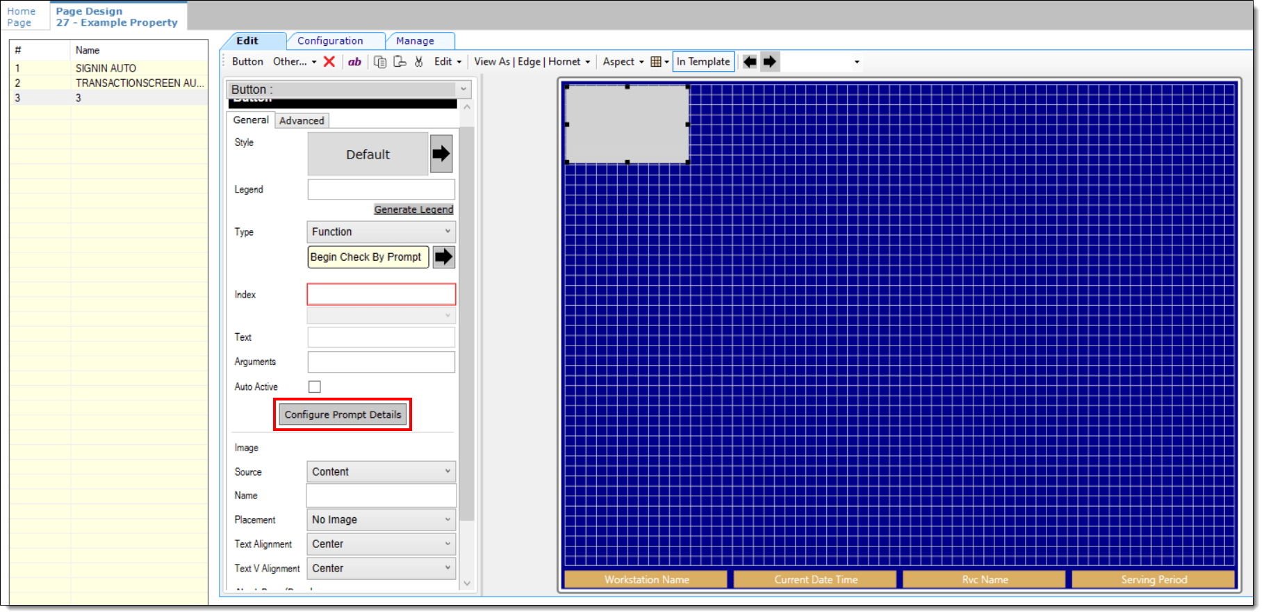This figure shows how to configure the Configure Prompt Details button in the Page Design module.