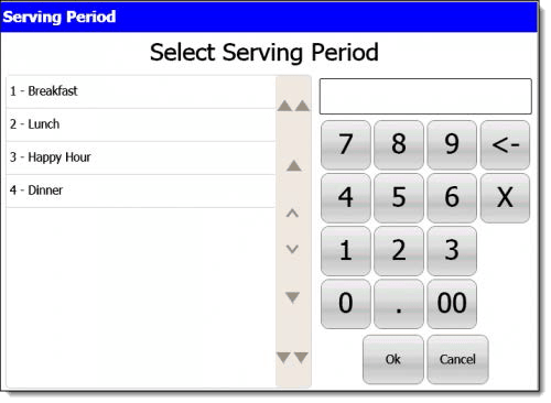 This figure shows the Select Serving Period window from the POS workstation.
