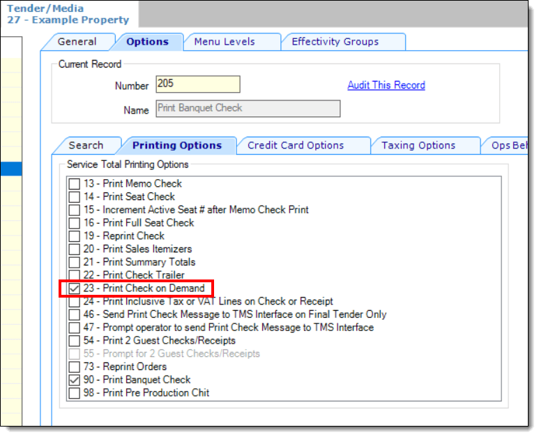 This figure shows the Tender/Media module, specifically the Print Check On Demand option.