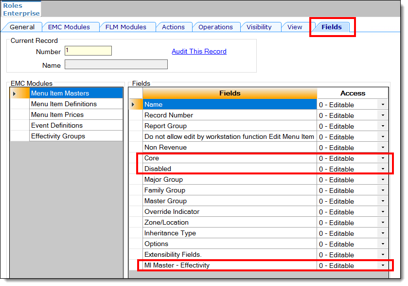 This figure shows the Roles module, specifically the required Fields tab settings. This figure shows the Roles module, specifically the required Fields tab settings.