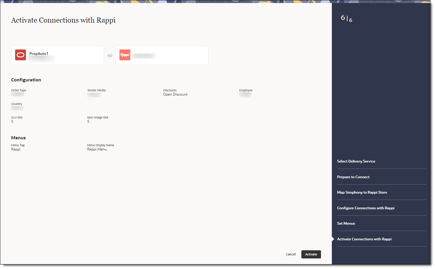 This figure shows the Activate Connections with Rappi page, where you can review a summary of the configuration.