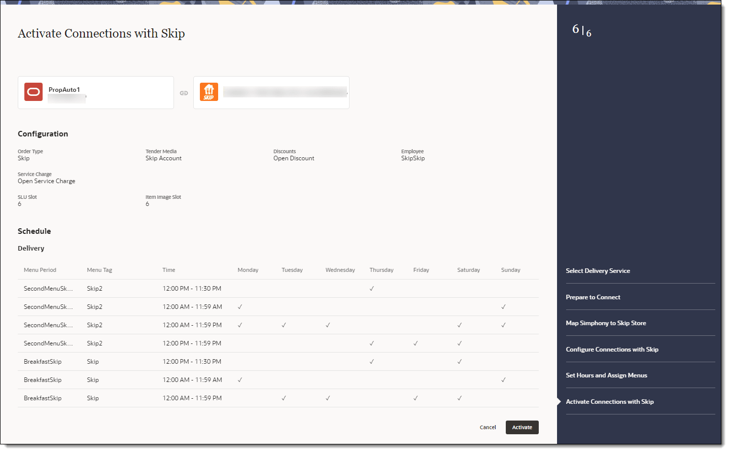 This figure shows the Activation page, where you can review the configuration and activate the connection with Skip.