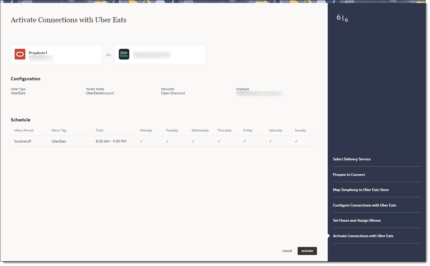 This figure shows the Activation page, where you can review the configuration and activate the connection with Uber Eats.