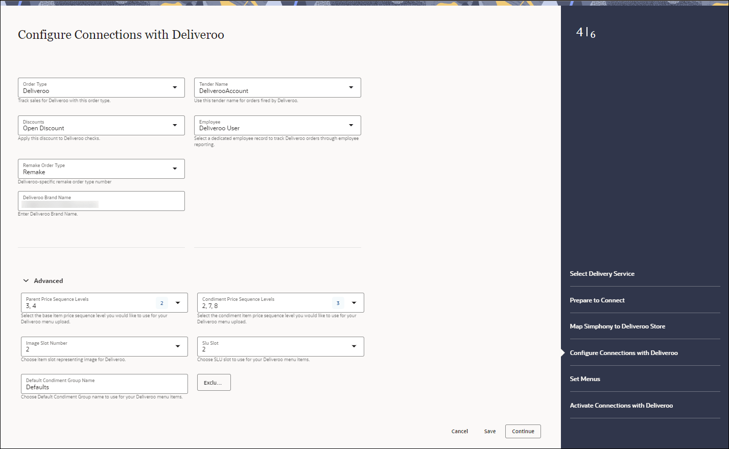 This figure shows the Configure Connections with Deliveroo page.