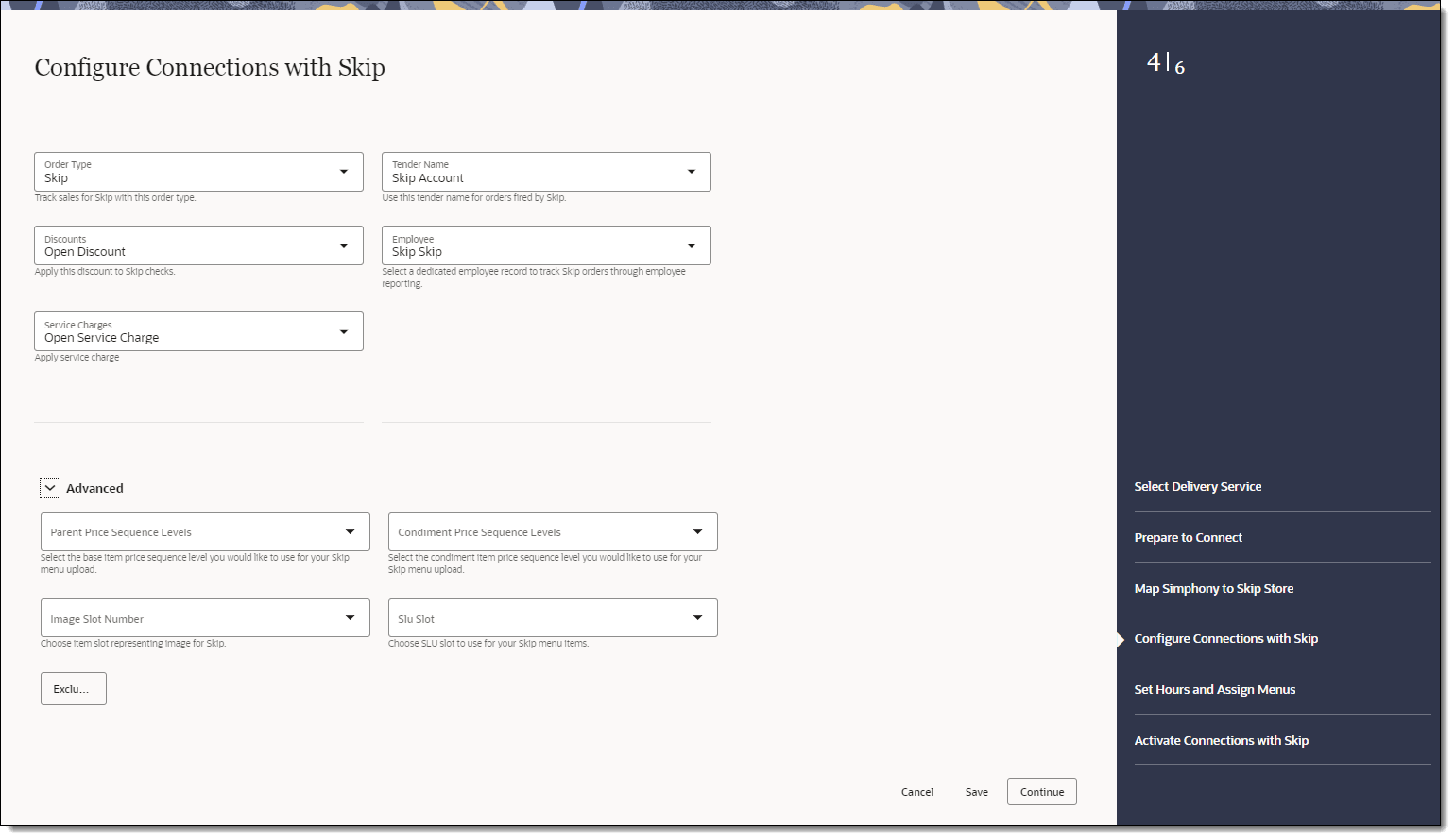 This figure shows the Configure Connections with Skip page, where you can select the order type, tender, discounts, employee, and advanced menu options..