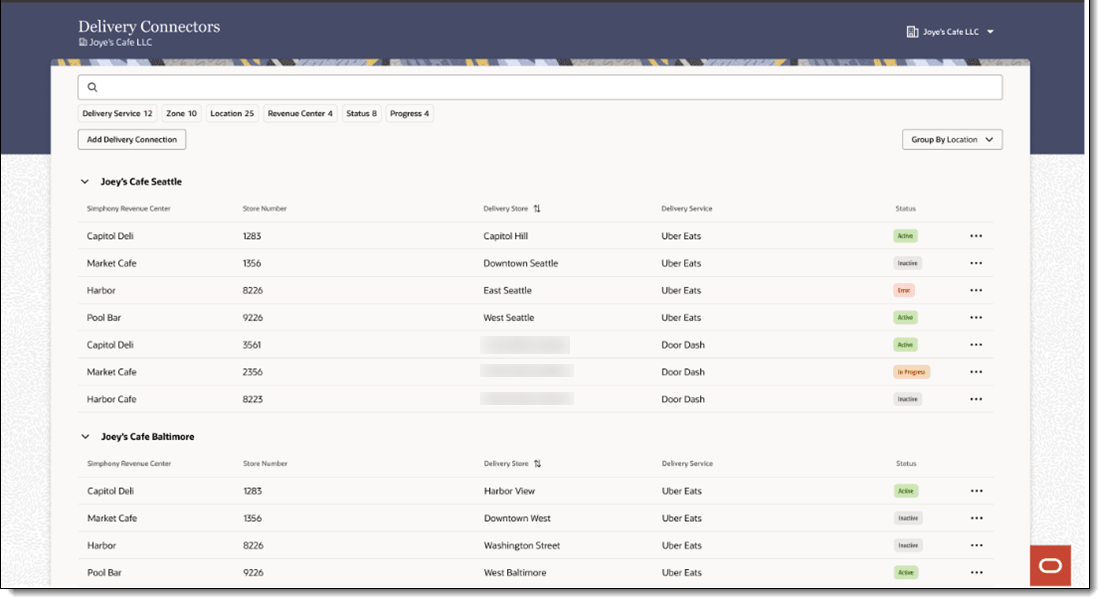 This figure shows the Delivery Connectors list of locations and the status or the delivery service provider for each location. This figure shows the Delivery Connectors list of locations and the status or the delivery service provider for each location.