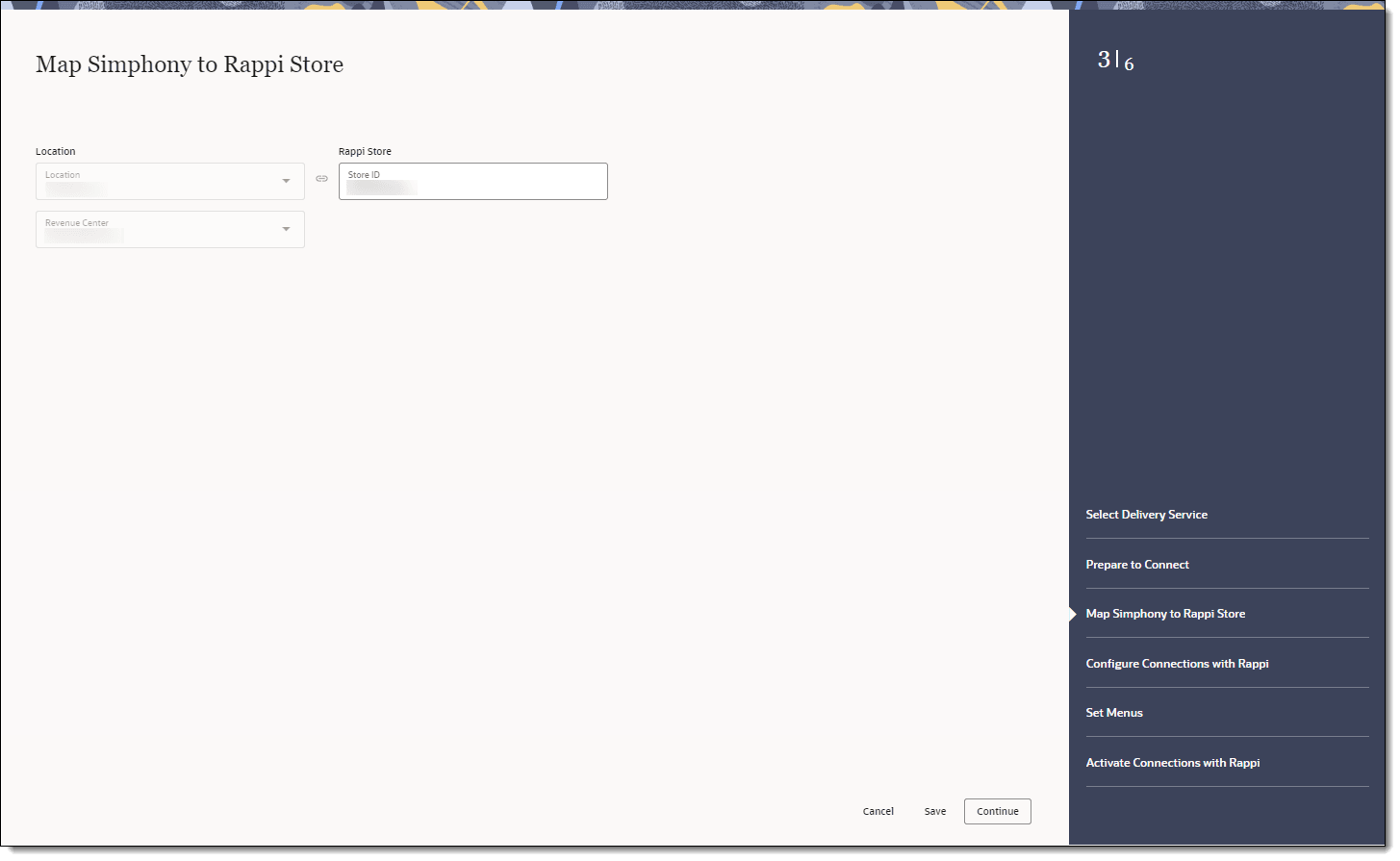 This figure shows the Map Simphony to Rappi Store page, where you can select the location, revenue center, and corresponding Rappi store.