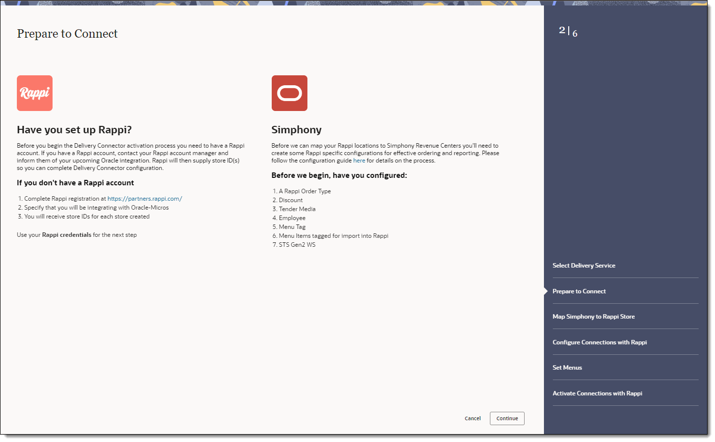 This figure shows the Prepare to Connect page, where you can review the configuration requirements and confirm that you have completed them before proceeding.
