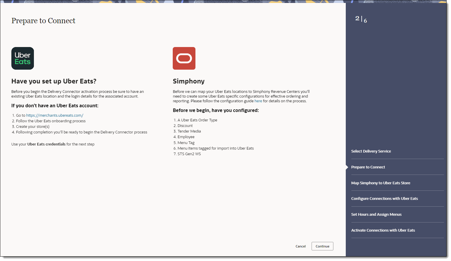 This figure shows the Prepare to Connect page, where you can review the configuration requirements and confirm that you have completed them before proceeding.