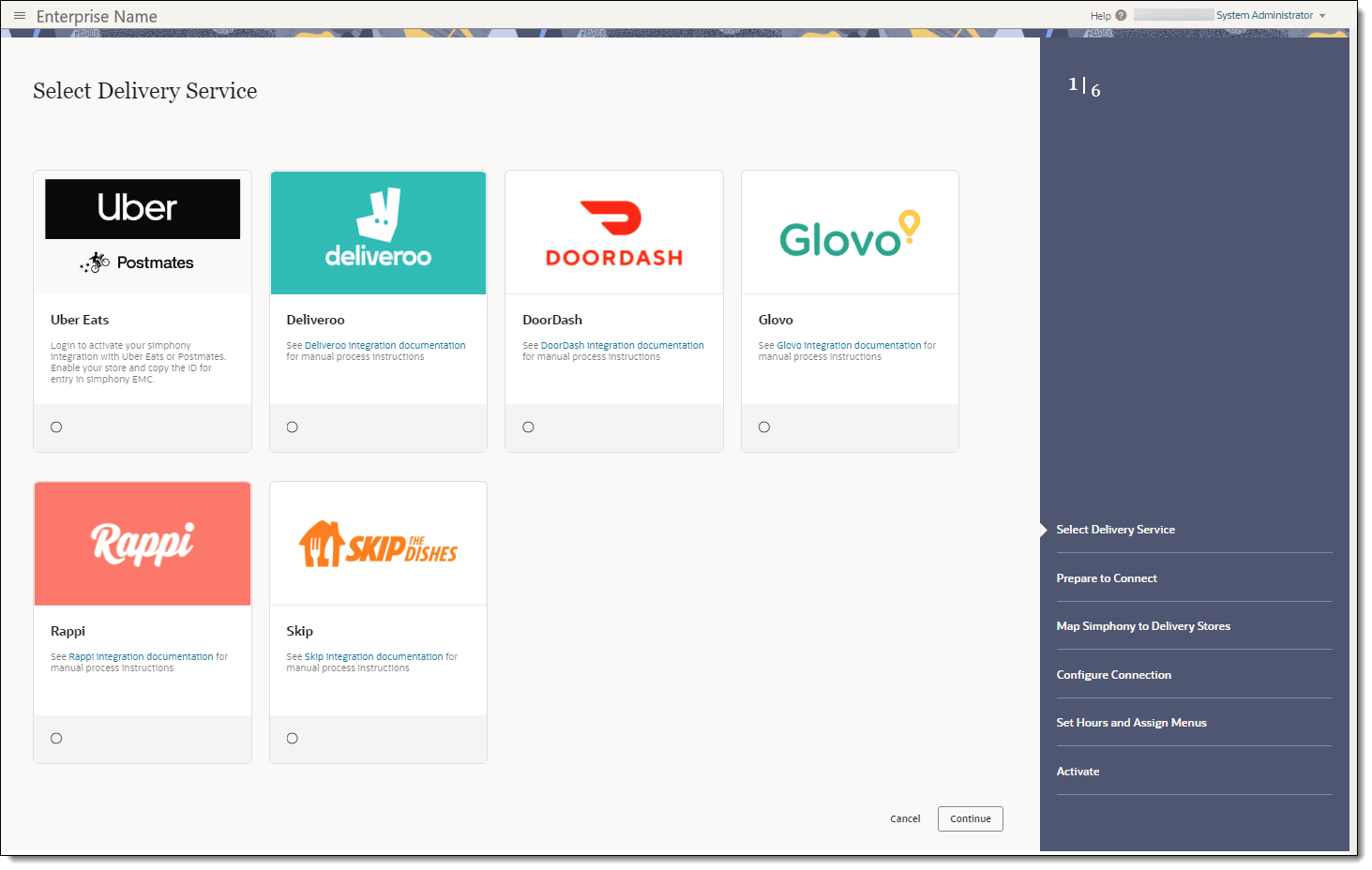 This figure shows the Select Delivery Service page, where you can click the radio button to select a delivery service provider.