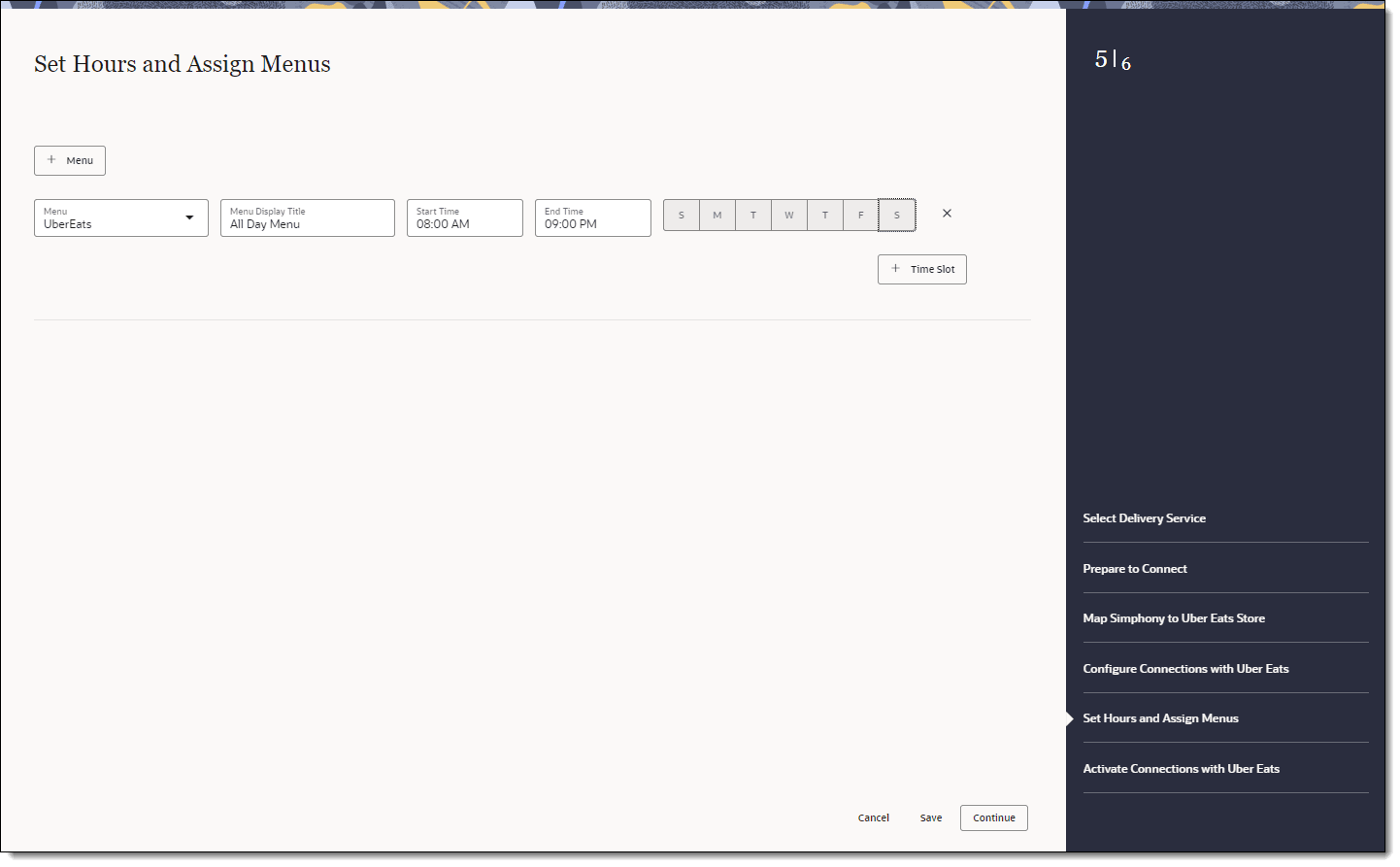 This figure shows the Set Hours and Assign Menus page, where you can set the delivery and pickup menus, and hours of operation for each menu or serving period..