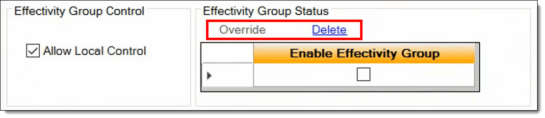 This figure shows the Effectivity Group Status override and delete links.