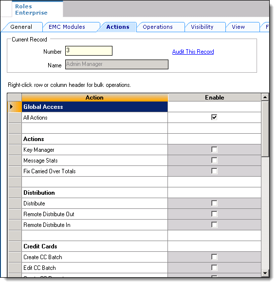 This figure shows the Roles module and its Actions tab.