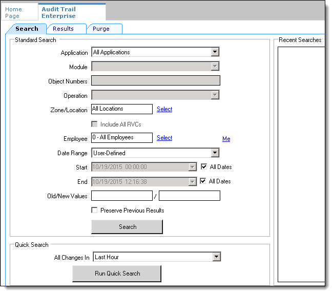This figure shows the EMC’s Audit Trail module and its Search tab.
