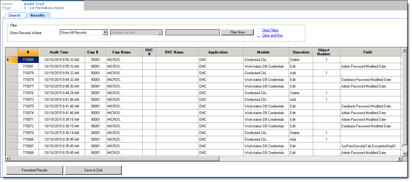 This figure shows the results of an Audit Trail search.